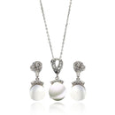 Silver 925 Rhodium Plated Fresh Water Pearl Drop Clear CZ Hanging Set - BGS00269 | Silver Palace Inc.