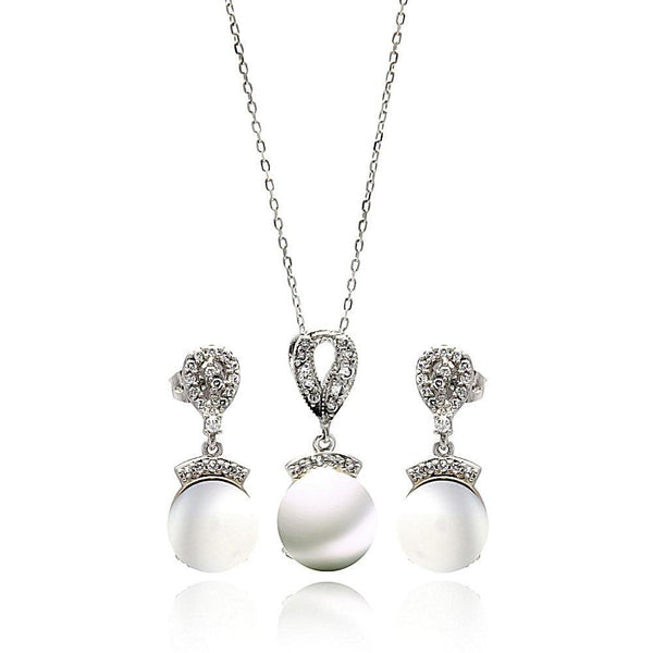Silver 925 Rhodium Plated Fresh Water Pearl Drop Clear CZ Hanging Set - BGS00269 | Silver Palace Inc.