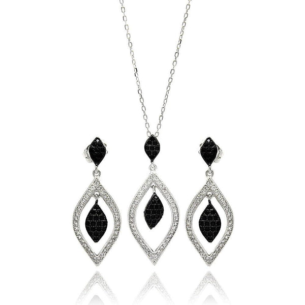 Silver 925 Rhodium Plated Black and Clear Open Marquise Teardrop CZ Set - BGS00271 | Silver Palace Inc.