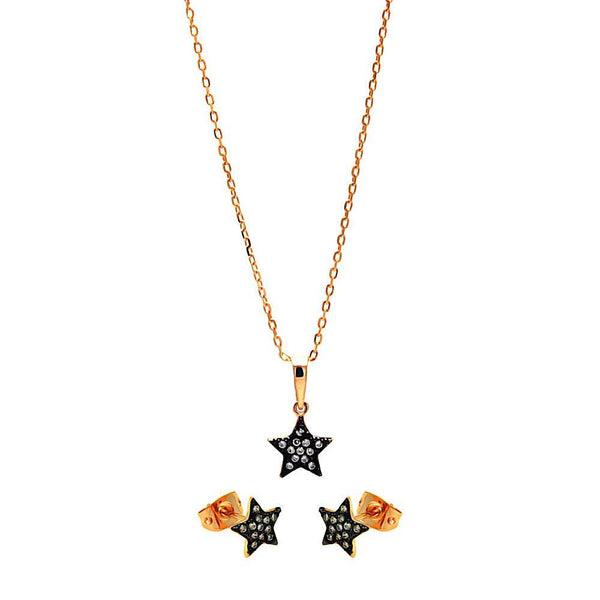 Silver 925 Black Rhodium and Gold Plated Clear Mini Star CZ Stud Earring and Necklace Set - BGS00278 | Silver Palace Inc.