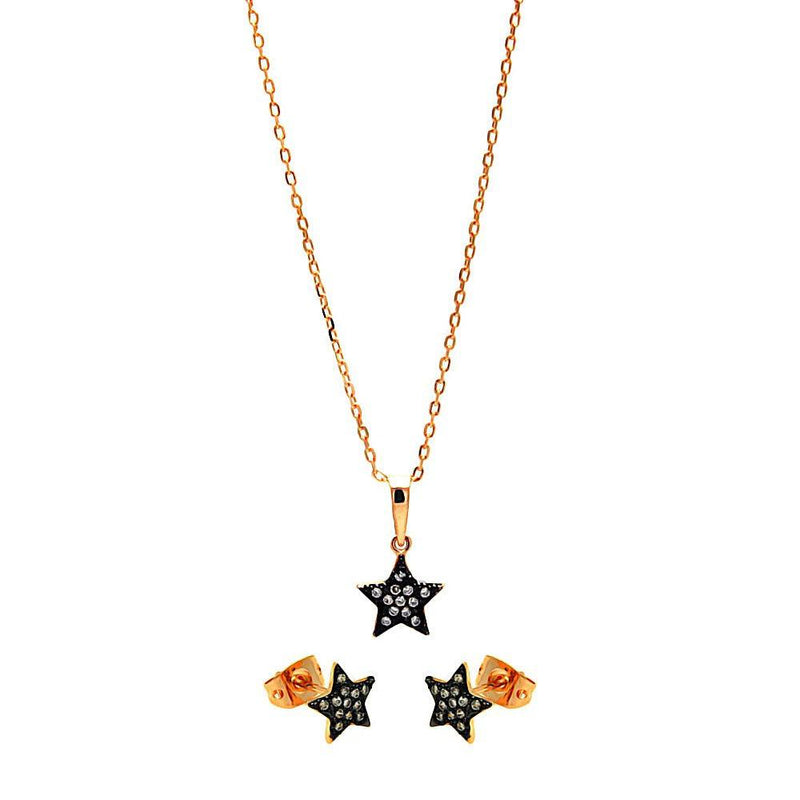 Silver 925 Black Rhodium and Gold Plated Clear Mini Star CZ Stud Earring and Necklace Set - BGS00278 | Silver Palace Inc.