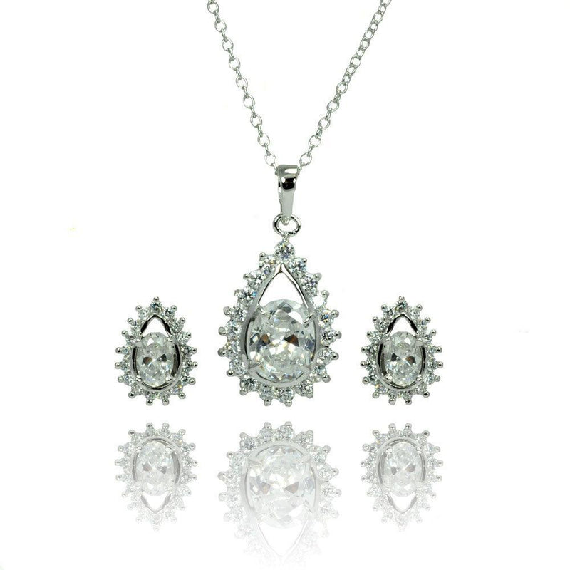 Silver 925 Rhodium Plated Clear Teardrop Cluster CZ Stud Earring and Necklace Set - BGS00363 | Silver Palace Inc.