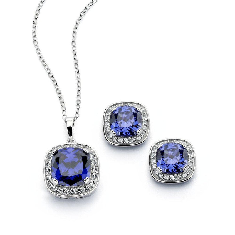 Silver 925 Rhodium Plated Clear Cluster Blue Square CZ Stud Earring and Necklace Set - BGS00390 | Silver Palace Inc.