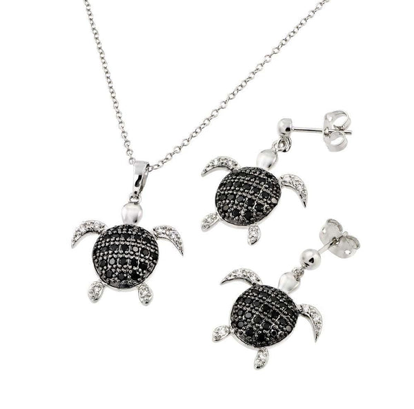 Silver 925 Rhodium and Black Rhodium Plated Black and Clear Turtle CZ Dangling Stud Earring and Necklace Set - BGS00410 | Silver Palace Inc.