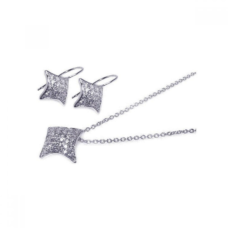 Closeout-Silver 925 Rhodium Plated Curve Square CZ Hook Earring and Necklace Set - STS00002 | Silver Palace Inc.