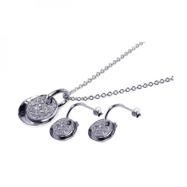 Closeout-Silver 925 Rhodium Plated Micro Pave Oval Circle CZ Dangling Hook Earring and Necklace Set - STS00034 | Silver Palace Inc.