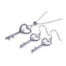 Silver 925 Rhodium Plated Kingdom Heart Key CZ Hook Earring and Necklace Set - STS00156 | Silver Palace Inc.