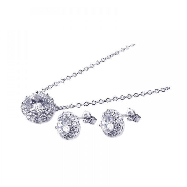 Silver 925 Rhodium Plated Round CZ Stud Earring and Necklace Set - STS00158 | Silver Palace Inc.
