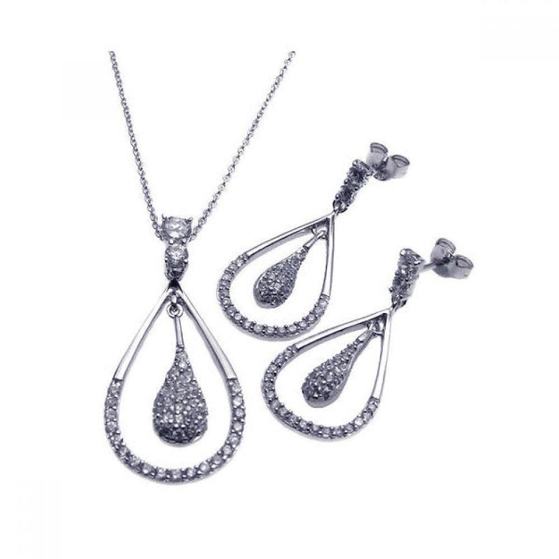 Silver 925 Rhodium Plated Open Teardrop Clear CZ Dangling Set - STS00211CLR | Silver Palace Inc.