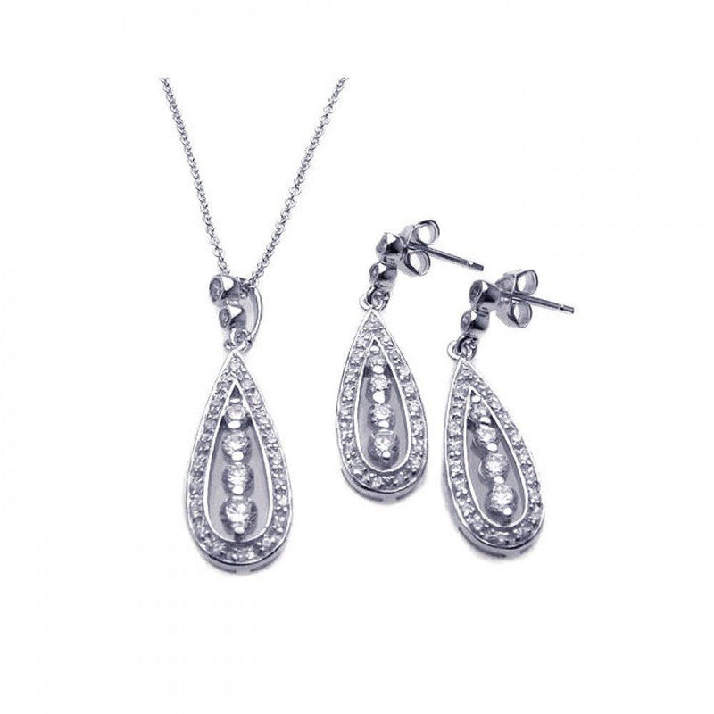 Silver 925 Rhodium Plated Teardrop Channel CZ Dangling Stud Earring and Necklace Set - STS00220 | Silver Palace Inc.