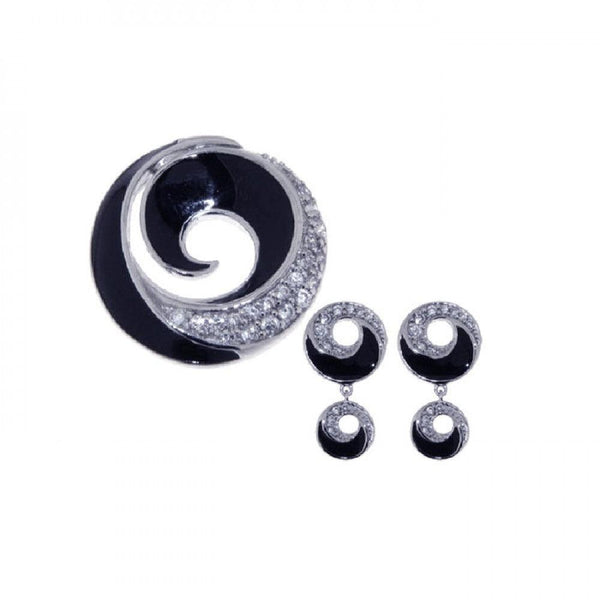 Closeout-Silver 925 Rhodium Plated Open Circle CZ Dangling Graduated Black Onyx Earring and Necklace Set - STS00226 | Silver Palace Inc.