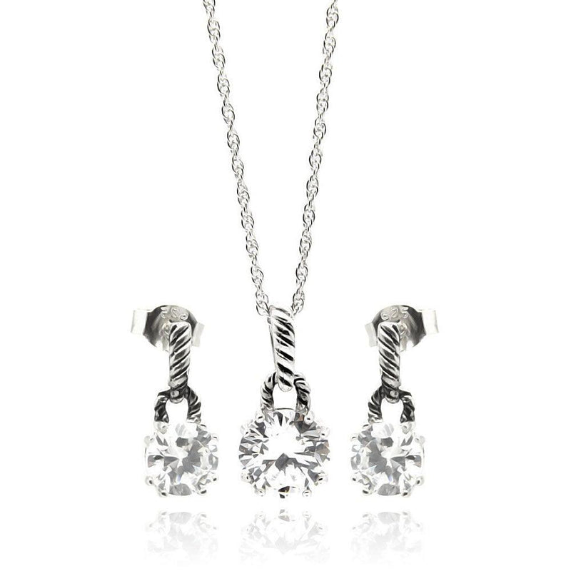 Silver 925 Rhodium Plated Round CZ Dangling Stud Earring and Necklace Set - STS00262 | Silver Palace Inc.