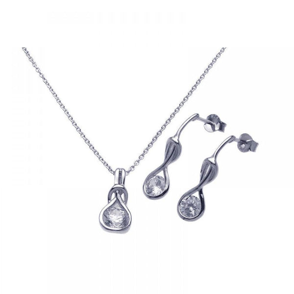 Silver 925 Rhodium Plated Twisted Circle Round Clear CZ Stud Earring and Necklace Set - STS00273 | Silver Palace Inc.