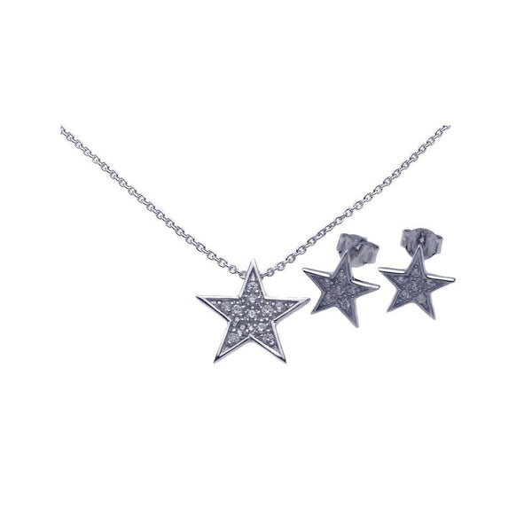 Silver 925 Rhodium Plated Star CZ Stud Earring and Necklace Set - STS00284 | Silver Palace Inc.