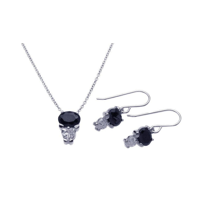 Silver 925 Rhodium Plated Black CZ Dangling Hook Earring and Necklace Set - STS00286 | Silver Palace Inc.