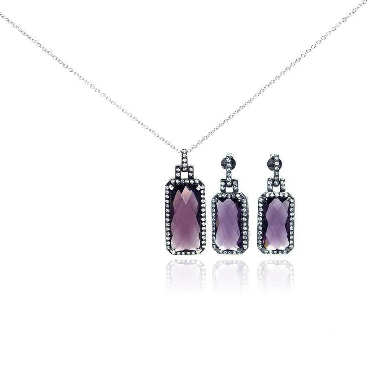 Silver 925 Rhodium Plated Purple Rectangle CZ Dangling Stud Earring and Necklace Set - STS00302 | Silver Palace Inc.