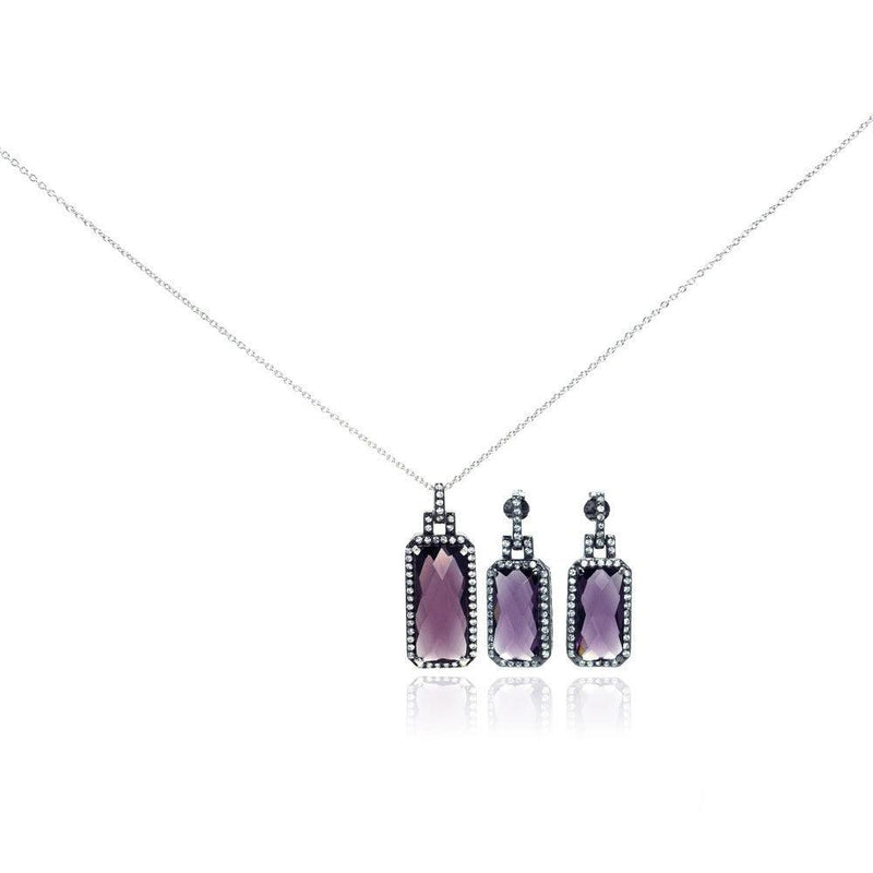 Silver 925 Rhodium Plated Purple Rectangle CZ Dangling Stud Earring and Necklace Set - STS00302 | Silver Palace Inc.