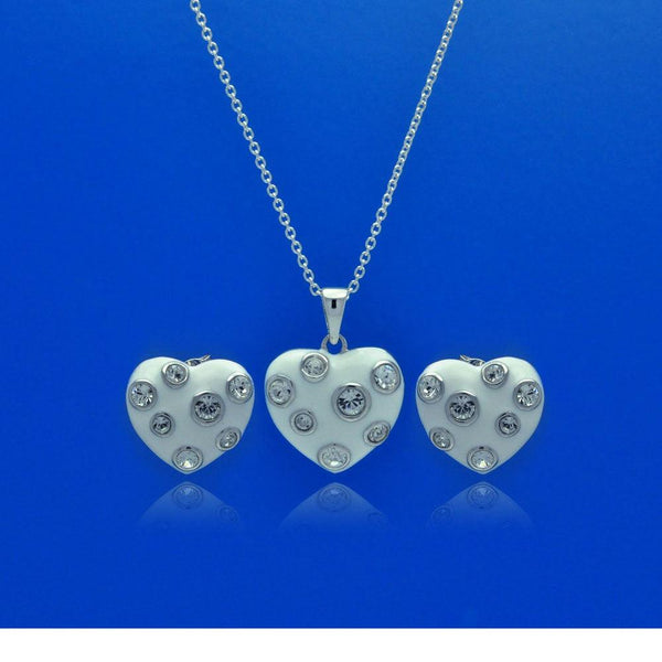 Closeout-Silver 925 Rhodium Plated Heart White Enamel Clear CZ Stud Earring and Necklace Set - STS00315 | Silver Palace Inc.