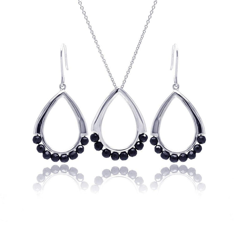 Closeout-Silver 925 Rhodium Plated Open Teardrop Black Ball CZ Dangling Hook Earring and Necklace Set - STS00346 | Silver Palace Inc.