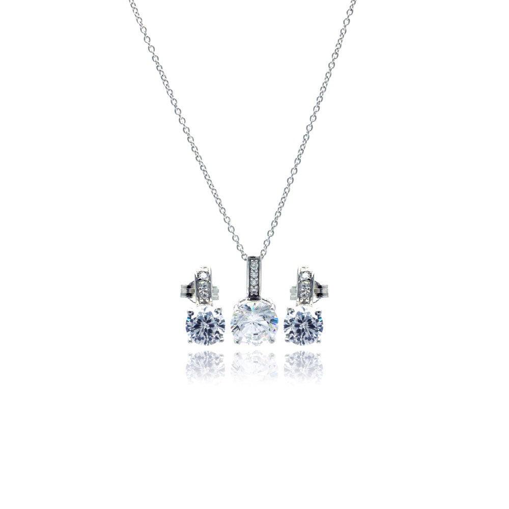 Silver 925 Rhodium Plated Round CZ Stud Earring and Necklace Set - STS00351 | Silver Palace Inc.