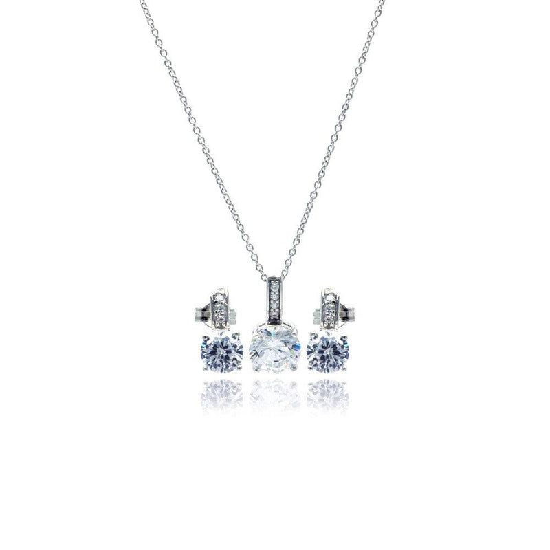 Silver 925 Rhodium Plated Round CZ Stud Earring and Necklace Set - STS00351 | Silver Palace Inc.