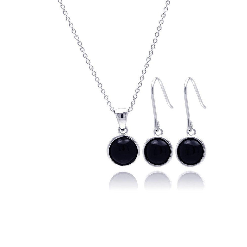 Silver 925 Rhodium Plated Round Black Onyx CZ Dangling Hook Earring and Necklace Set - STS00356 | Silver Palace Inc.
