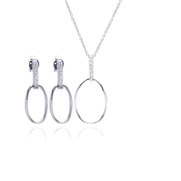 Silver 925 Rhodium Plated Open Oval CZ Dangling Stud Earring and Necklace Set - STS00358 | Silver Palace Inc.