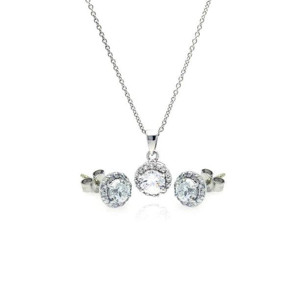 Silver 925 Rhodium Plated Round CZ Stud Earring and Necklace Set - STS00359 | Silver Palace Inc.