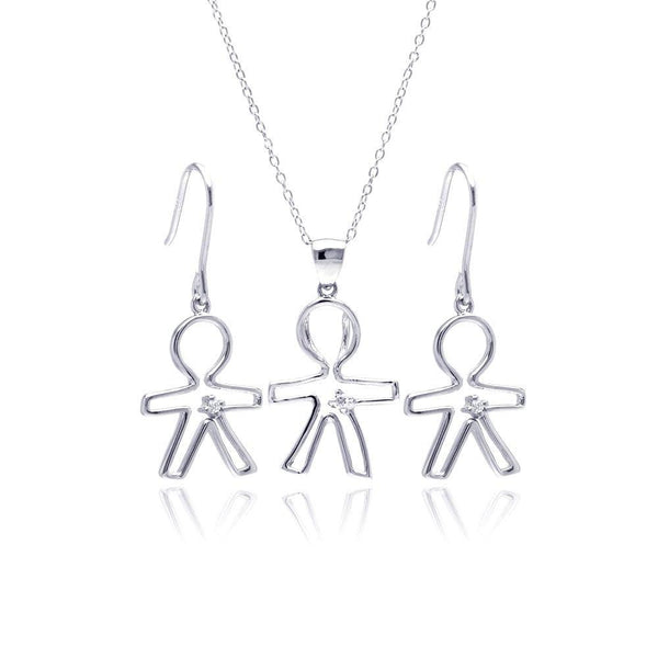 Silver 925 Rhodium Plated Open Boy CZ Dangling Hook Earring and Necklace Set - STS00361 | Silver Palace Inc.