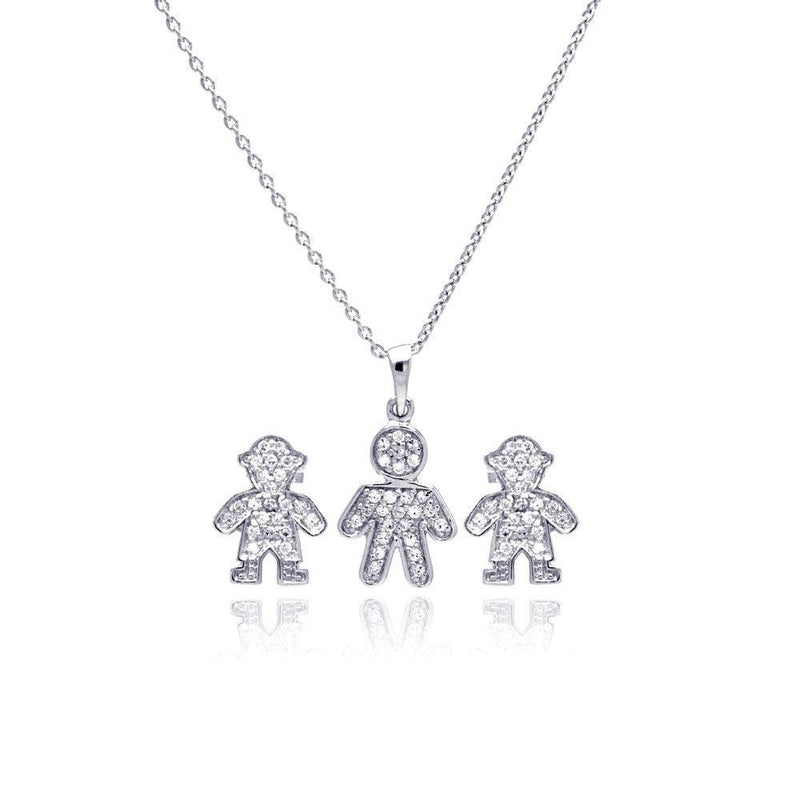 Silver 925 Rhodium Plated Open Filigree CZ Boy Stud Earring and Necklace Set - STS00363 | Silver Palace Inc.