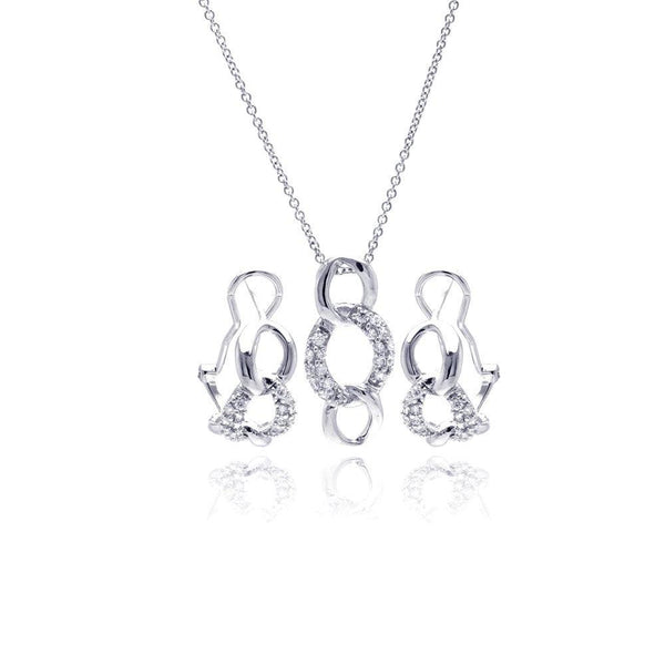 Silver 925 Rhodium Plated Open Circle Link CZ Lever Back Earring and Necklace Set - STS00364 | Silver Palace Inc.