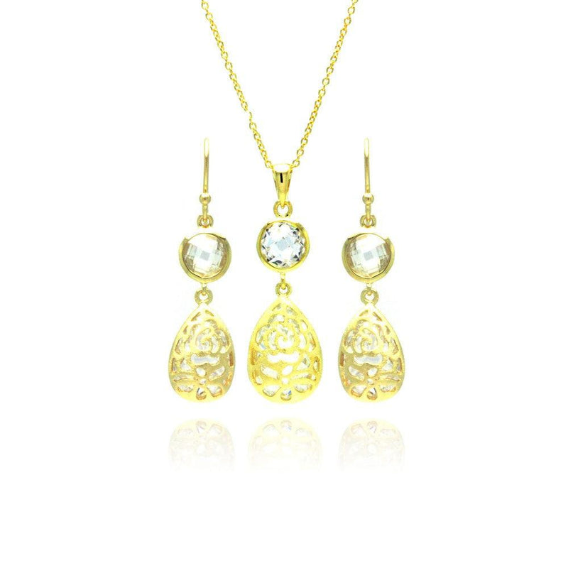 Silver 925 Gold Plated Teardrop Round CZ Dangling Stud Earring and Necklace Set - STS00374 | Silver Palace Inc.
