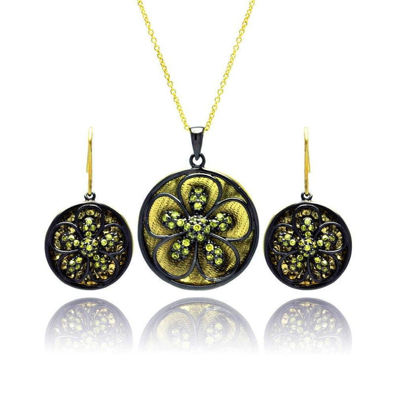 Closeout-Silver 925 Black Rhodium Gold Plated Flower CZ Dangling Stud Earring and Necklace Set - STS00375 | Silver Palace Inc.