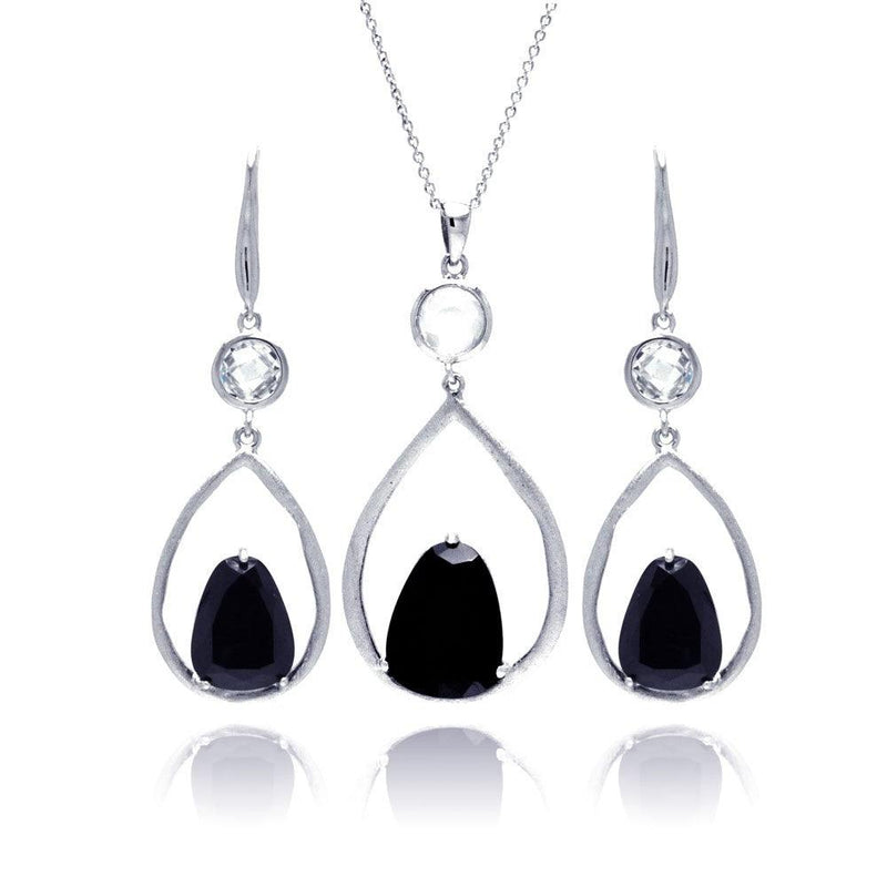 Closeout-Silver 925 Rhodium Plated Open Wide Teardrop Black CZ Earring and Necklace Set - STS00387 | Silver Palace Inc.