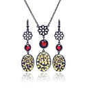 Closeout-Silver 925 Black Rhodium Gold Plated Flower Filigree Red CZ Stud Earring and Necklace Set - STS00396 | Silver Palace Inc.