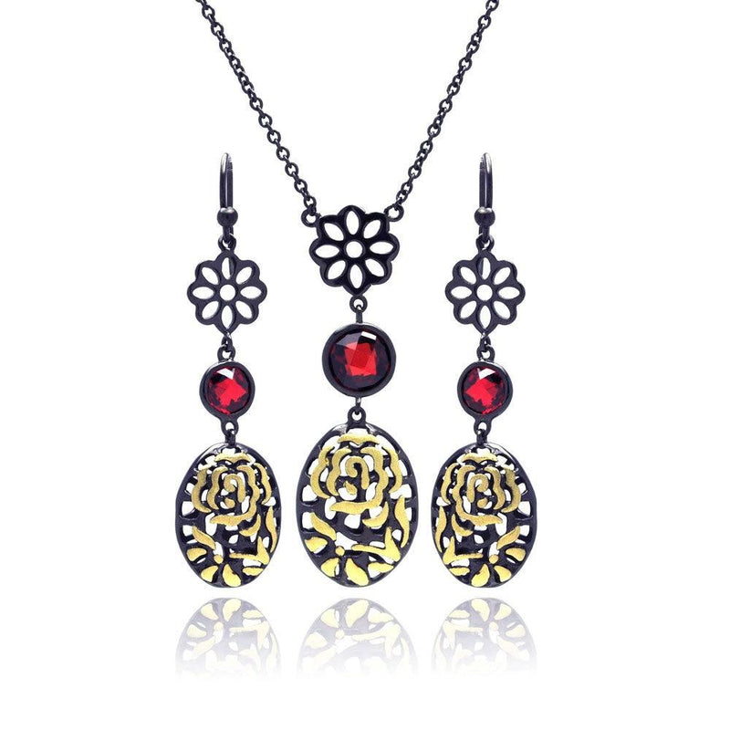 Closeout-Silver 925 Black Rhodium Gold Plated Flower Filigree Red CZ Stud Earring and Necklace Set - STS00396 | Silver Palace Inc.