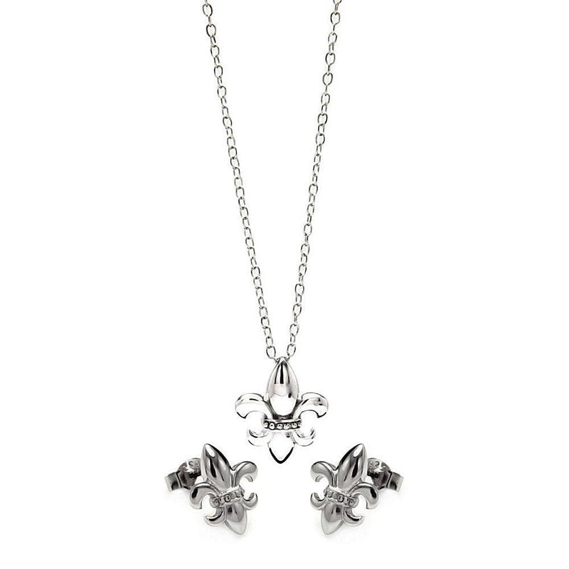 Silver 925 Rhodium Plated Fleur De Lis CZ Stud Earring and Necklace Set - STS00428 | Silver Palace Inc.