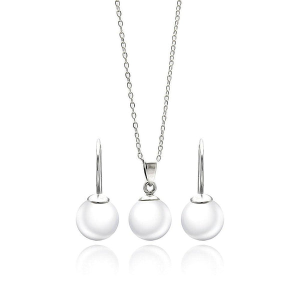 Silver 925 Rhodium Plated White Enamel Pearl Lever Back Earring and Necklace Set - STS00437 | Silver Palace Inc.