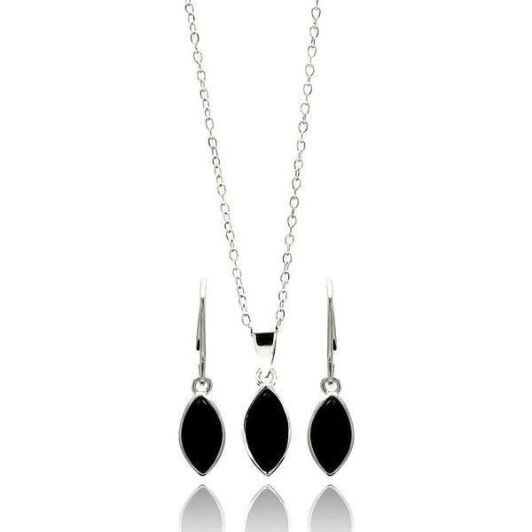 Silver 925 Rhodium Plated Black Marquis CZ Dangling Lever Back Earring and Necklace Set - STS00439 | Silver Palace Inc.