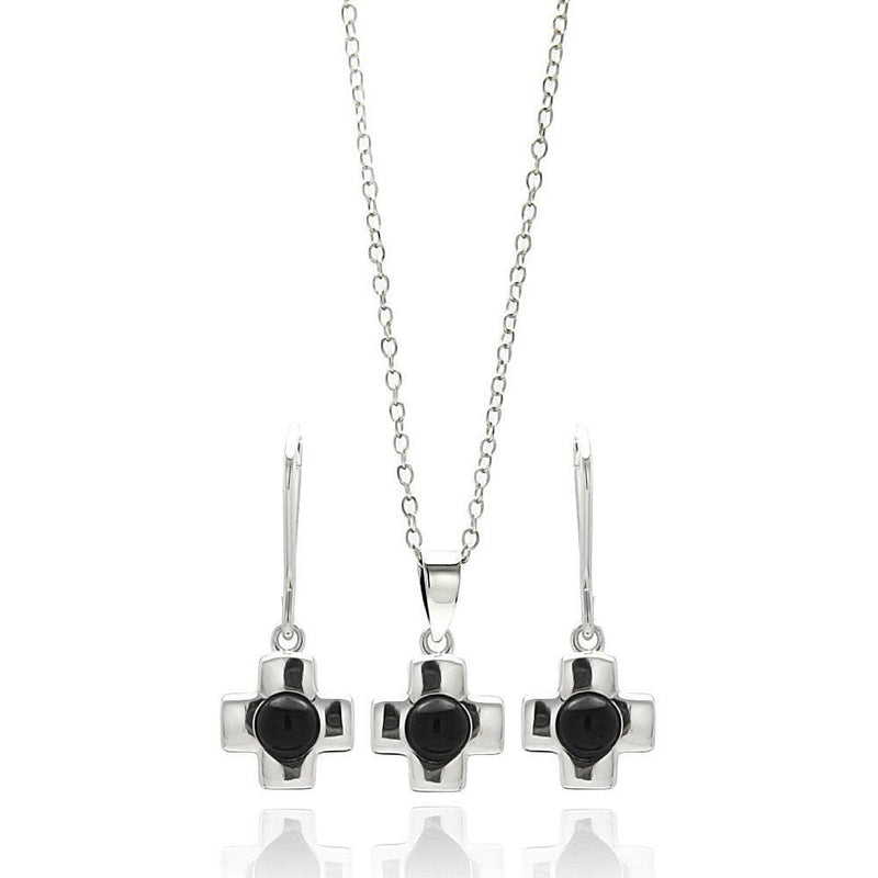Silver 925 Rhodium Plated Cross Center Black Onyx Lever Back Dangling Earring and Necklace Set - STS00442 | Silver Palace Inc.