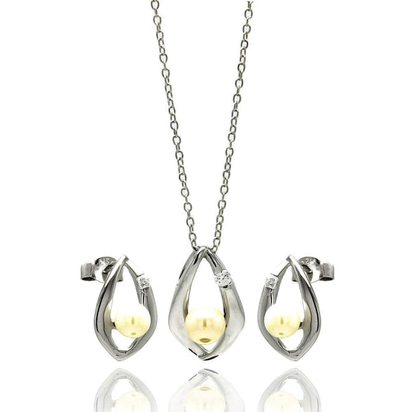 Silver 925 Rhodium Plated Open Teardrop Center Pearl Stud Earring and Necklace Set - STS00446WHT | Silver Palace Inc.