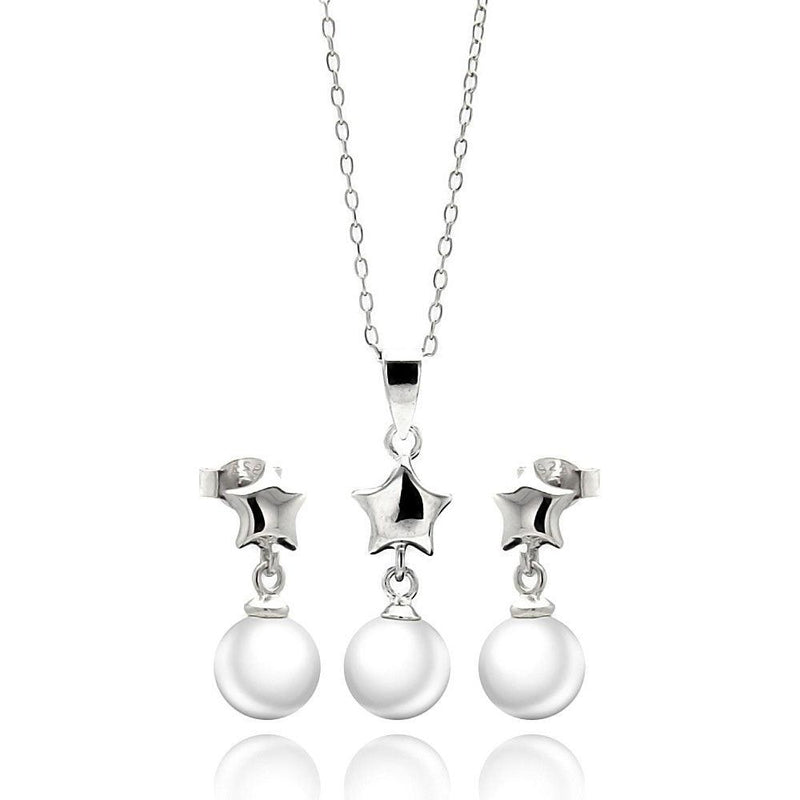 Silver 925 Rhodium Plated Star White Enamel Pearl Dangling Stud Earring and Necklace Set - STS00448 | Silver Palace Inc.
