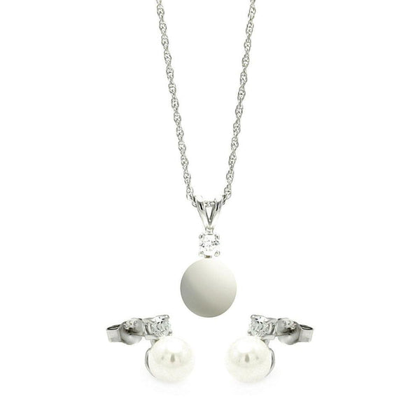 Silver 925 Rhodium Plated Hanging Pearl Stud Earring and Necklace Set - STS00452 | Silver Palace Inc.