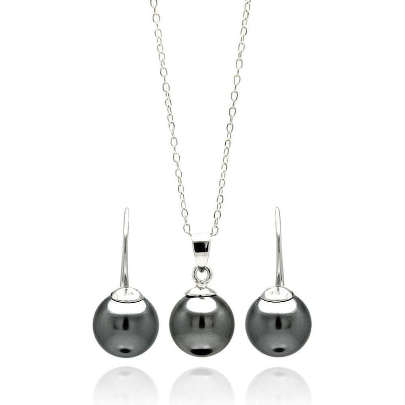 Silver 925 Rhodium Plated Black Pearl Hanging Earring and Necklace