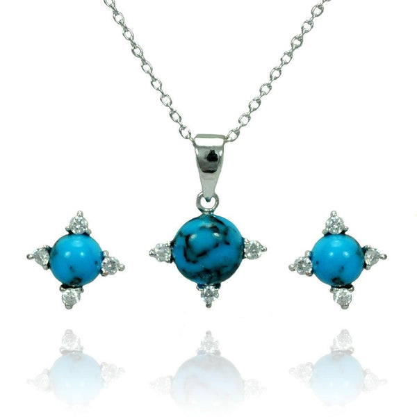 Silver 925 Rhodium Plated Blue Ball CZ Stud Earring and Necklace Set - STS00476 | Silver Palace Inc.