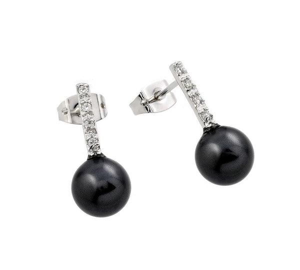 Silver 925 Rhodium Plated Channel CZ Black Pearl Stud Earrings - BGE00344 | Silver Palace Inc.