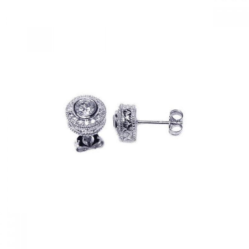 Silver 925 Rhodium Plated Micro Pave Clear Round Inlay CZ Stud Post Earrings - ACE00021 | Silver Palace Inc.