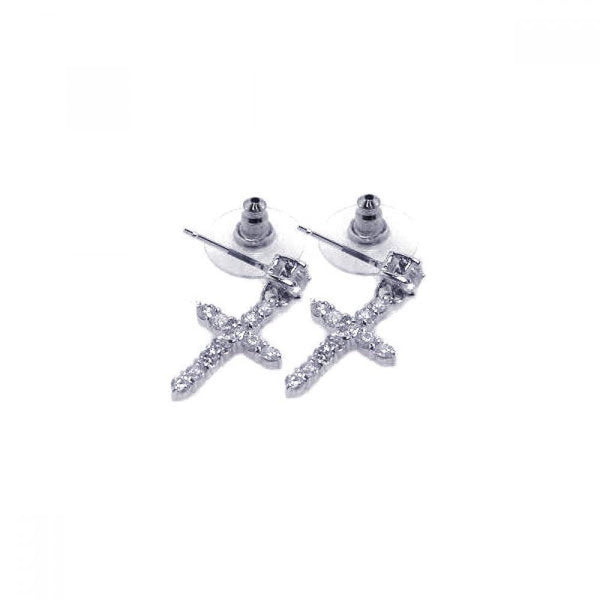 Silver 925 Rhodium Plated Clear Cross CZ Stud Earring - BGE00017 | Silver Palace Inc.