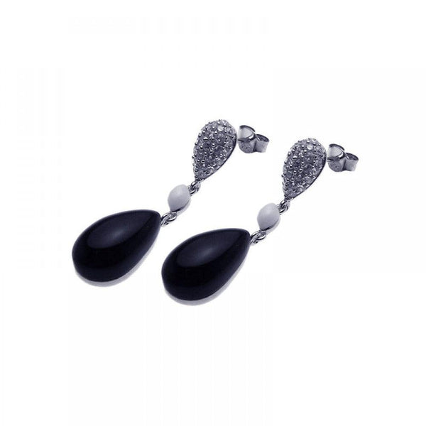 Closeout-Silver 925 Rhodium Plated Round Cookie Monster Onyx CZ Dangling Hook Earrings - BGE00096 | Silver Palace Inc.