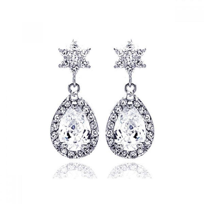 Silver 925 Rhodium Plated Star Teardrop Center Clear CZ Inlay Outline Dangling Stud Earrings - BGE00186 | Silver Palace Inc.